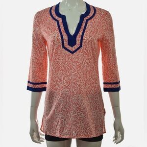 J Crew Womens Top Size S White Pink Printed Cotton 3/4 Sleeve Tunic